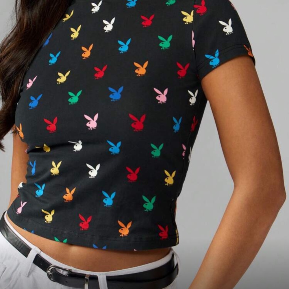 PLAYBOY/ Misguided Black Crop Top with Colorful Bunny Print